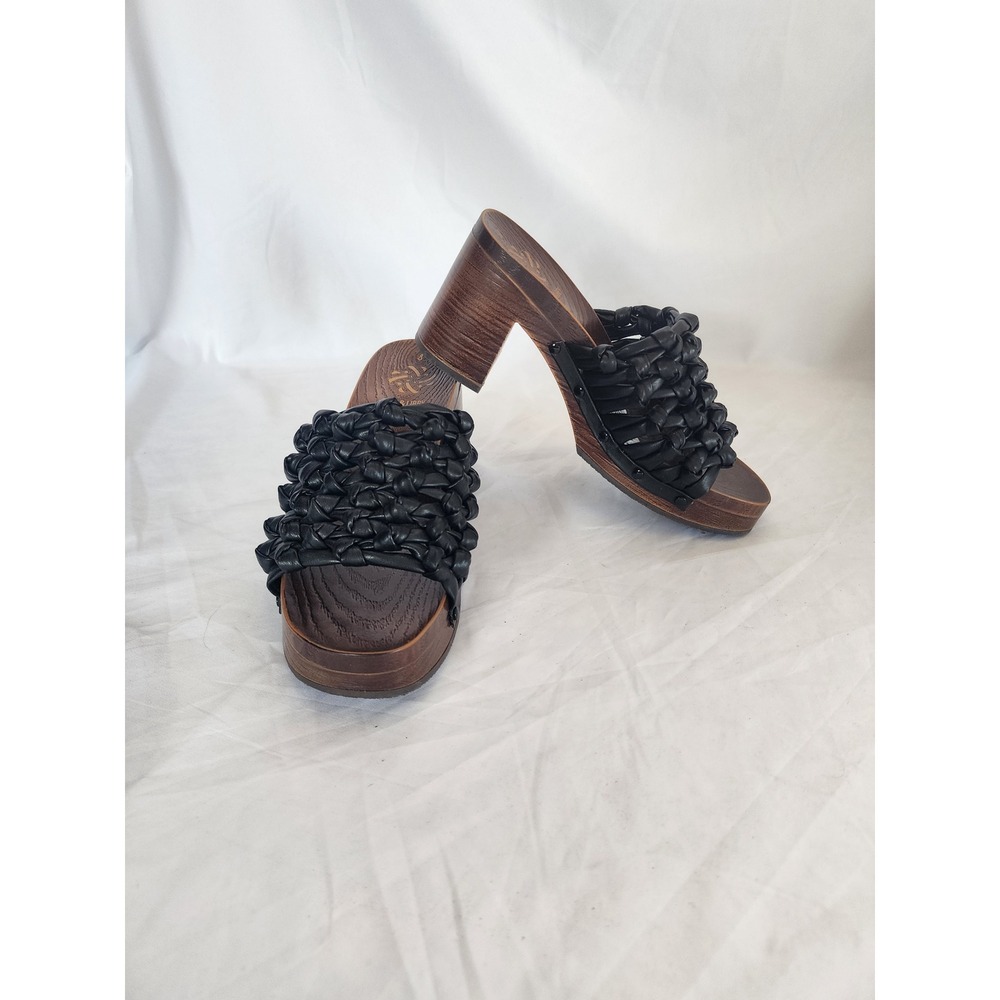 Sam & Libby Black Woven Slide Sandals Chunky Wood Block Heel Platform Clogs Sz 8